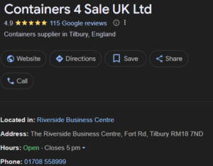 Google Business profile of Containers 4 Sale UK Ltd with address, contact details, and hours of operation.