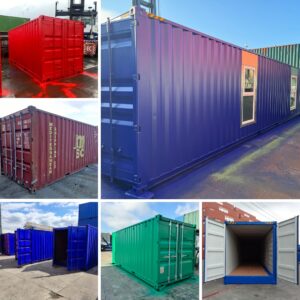 Selection of converted, new, and used shipping containers in various sizes and conditions.