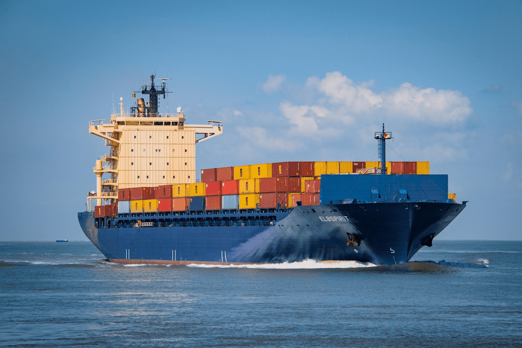 Container ship sailing through the ocean