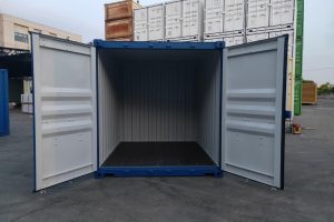 10 foot shipping container in blue with doors open