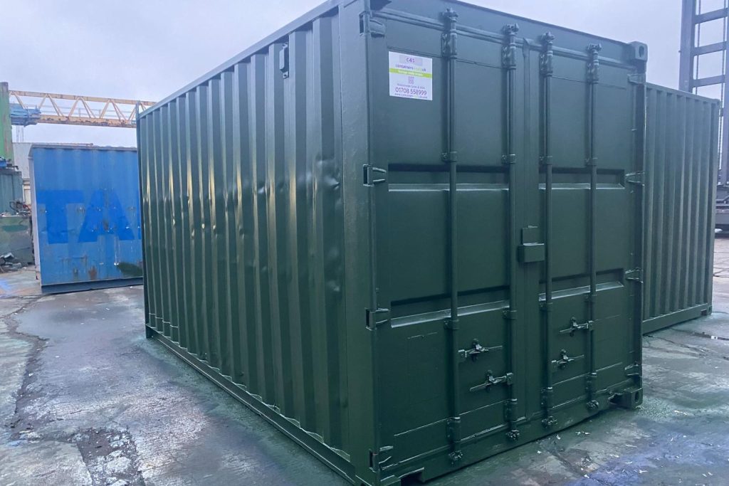 10 foot storage container in green with doors closed