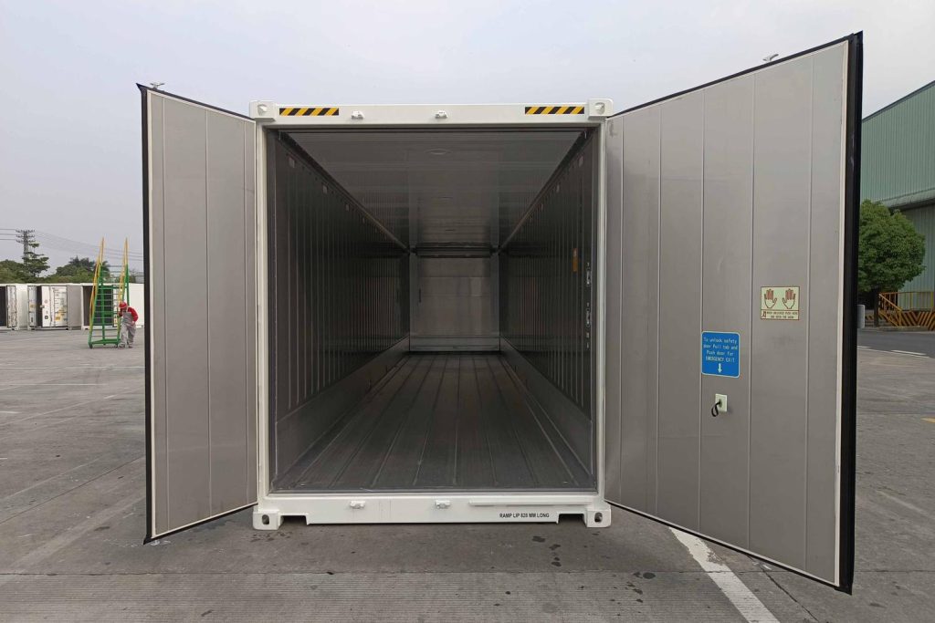 40 foot non operating container in white with doors open