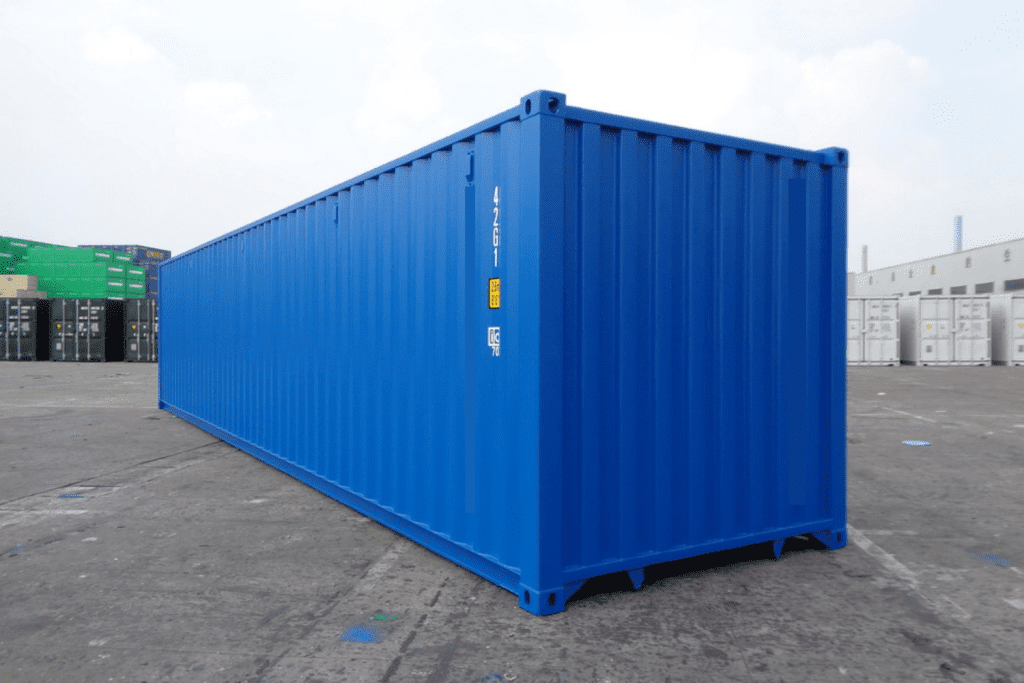 40 foot storage container in blue front view