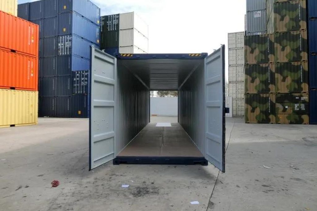 40 foot tunnel container in blue front view with doors open